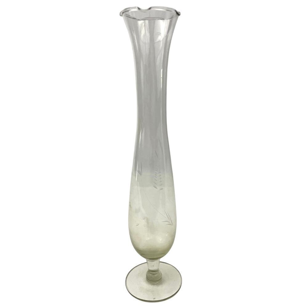 VTG‎ Flower Etched Glass Bud Vase Grape Design 10" Tall Clear Home Decor 1960's - Picture 1 of 12